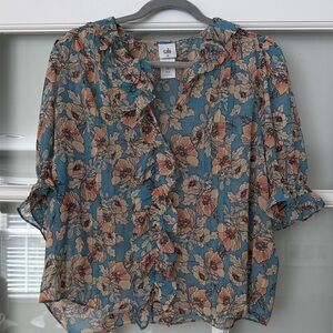 CAbi Floral Blouse - Teal and Peach